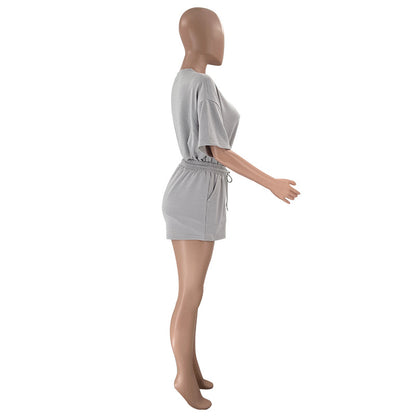 Solid Color round Neck Half Sleeve Pullover Top Women Clothing Casual Shorts Suit Summer - Wanita Store