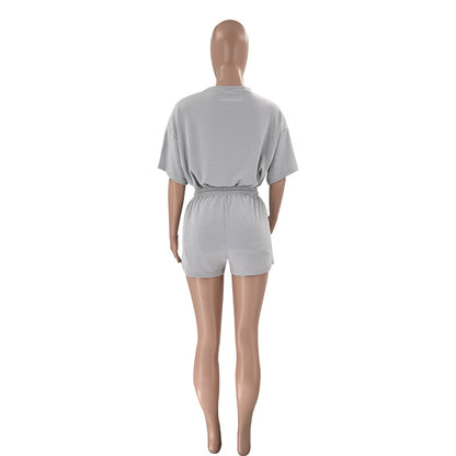 Solid Color round Neck Half Sleeve Pullover Top Women Clothing Casual Shorts Suit Summer - Wanita Store