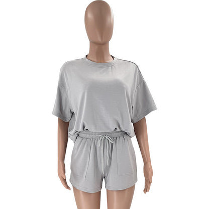 Solid Color round Neck Half Sleeve Pullover Top Women Clothing Casual Shorts Suit Summer - Wanita Store