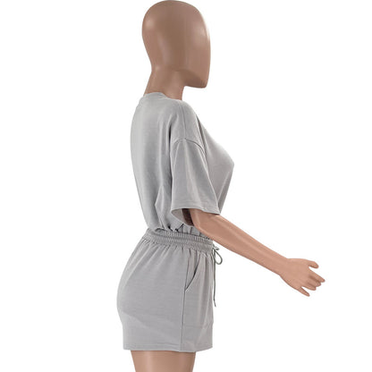 Solid Color round Neck Half Sleeve Pullover Top Women Clothing Casual Shorts Suit Summer - Wanita Store