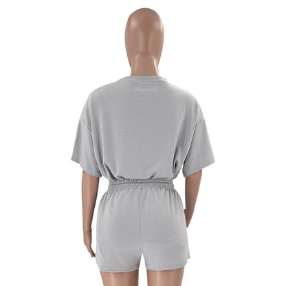 Solid Color round Neck Half Sleeve Pullover Top Women Clothing Casual Shorts Suit Summer - Wanita Store