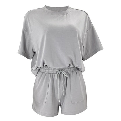 Solid Color round Neck Half Sleeve Pullover Top Women Clothing Casual Shorts Suit Summer - Wanita Store