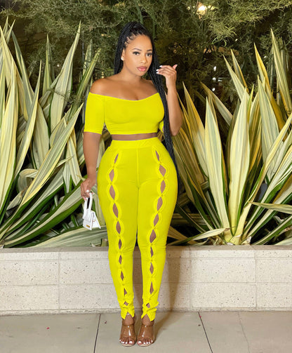 Women Clothing Summer Suit Sexy off the Shoulder Button Two Piece Pants - Wanita Store