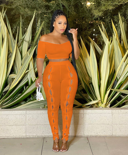 Women Clothing Summer Suit Sexy off the Shoulder Button Two Piece Pants - Wanita Store