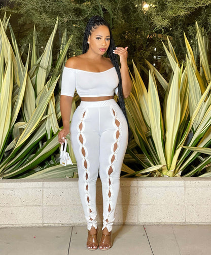 Women Clothing Summer Suit Sexy off the Shoulder Button Two Piece Pants - Wanita Store