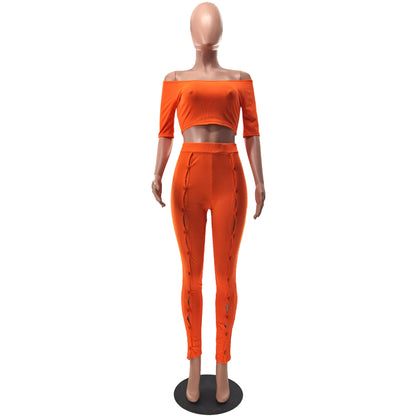 Women Clothing Summer Suit Sexy off the Shoulder Button Two Piece Pants - Wanita Store