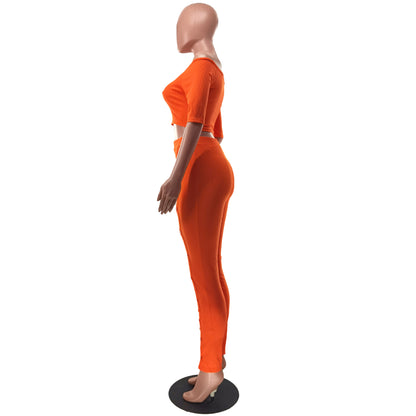 Women Clothing Summer Suit Sexy off the Shoulder Button Two Piece Pants - Wanita Store