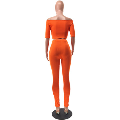 Women Clothing Summer Suit Sexy off the Shoulder Button Two Piece Pants - Wanita Store