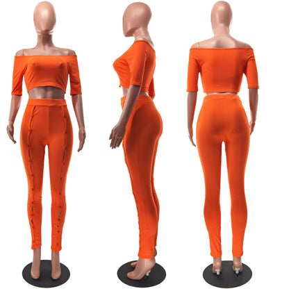 Women Clothing Summer Suit Sexy off the Shoulder Button Two Piece Pants - Wanita Store