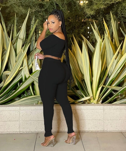 Women Clothing Summer Suit Sexy off the Shoulder Button Two Piece Pants - Wanita Store