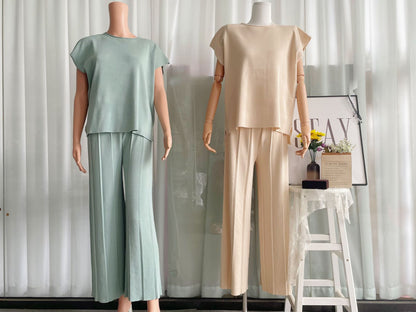 Casual Women Summer Solid Color Sleeveless Vest Sweater Wide Leg Pants Ice Silk Sets - Wanita Store