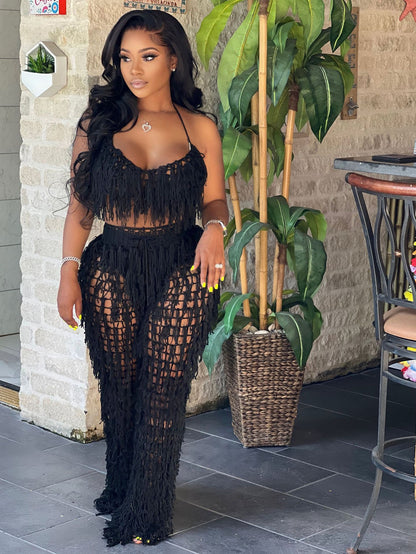Sexy See through Knitted Hand Crochet Tassel Beach Suit - Wanita Store