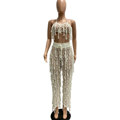 Sexy See through Knitted Hand Crochet Tassel Beach Suit - Wanita Store