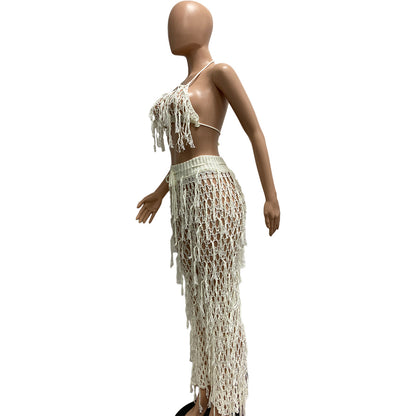 Sexy See through Knitted Hand Crochet Tassel Beach Suit - Wanita Store