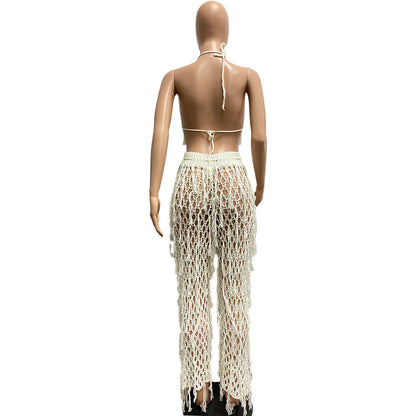 Sexy See through Knitted Hand Crochet Tassel Beach Suit - Wanita Store