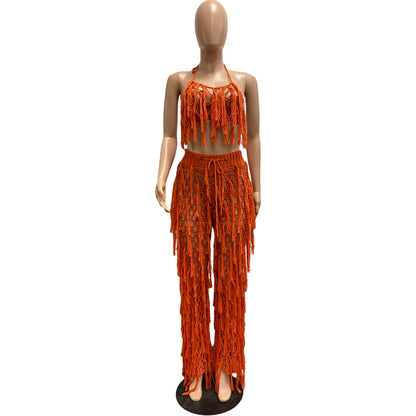 Sexy See through Knitted Hand Crochet Tassel Beach Suit - Wanita Store