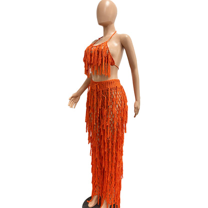 Sexy See through Knitted Hand Crochet Tassel Beach Suit - Wanita Store