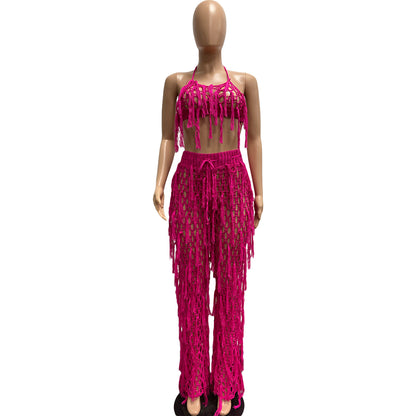 Sexy See through Knitted Hand Crochet Tassel Beach Suit - Wanita Store