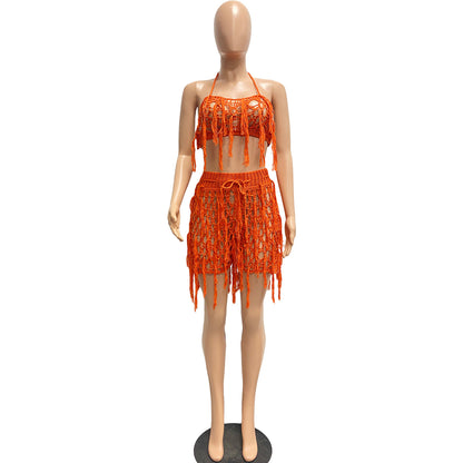 Women Sexy See through Knitted Hand Crochet Tassel Beach Shorts Suit - Wanita Store
