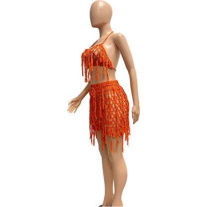 Women Sexy See through Knitted Hand Crochet Tassel Beach Shorts Suit - Wanita Store