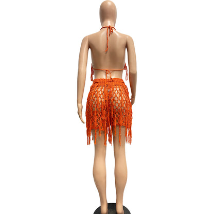 Women Sexy See through Knitted Hand Crochet Tassel Beach Shorts Suit - Wanita Store