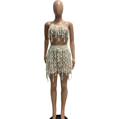Women Sexy See through Knitted Hand Crochet Tassel Beach Shorts Suit - Wanita Store