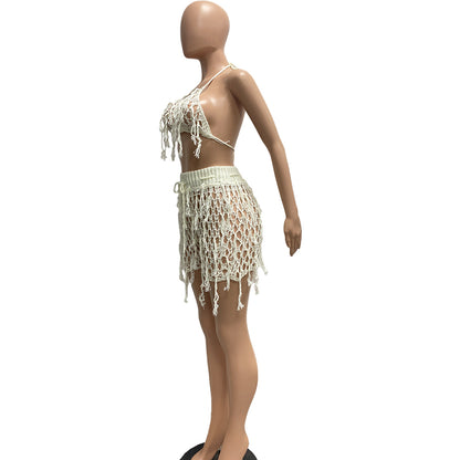 Women Sexy See through Knitted Hand Crochet Tassel Beach Shorts Suit - Wanita Store