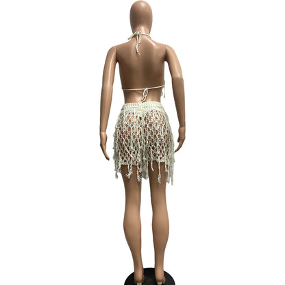 Women Sexy See through Knitted Hand Crochet Tassel Beach Shorts Suit - Wanita Store