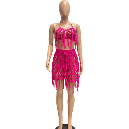 Women Sexy See through Knitted Hand Crochet Tassel Beach Shorts Suit - Wanita Store