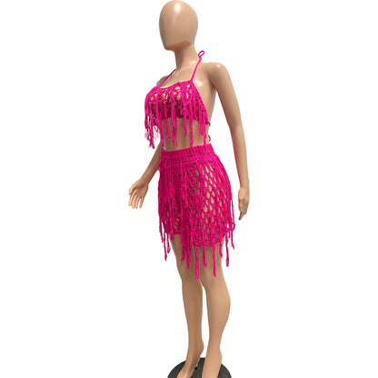 Women Sexy See through Knitted Hand Crochet Tassel Beach Shorts Suit - Wanita Store