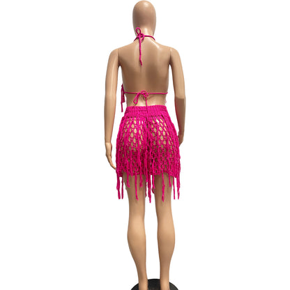 Women Sexy See through Knitted Hand Crochet Tassel Beach Shorts Suit - Wanita Store