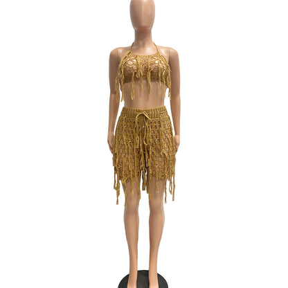Women Sexy See through Knitted Hand Crochet Tassel Beach Shorts Suit - Wanita Store