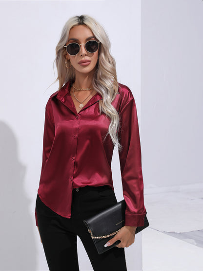 Satin Shirt Women Satin Artificial Silk Long Sleeve Shirt Spring Summer Women Clothing - Wanita Store