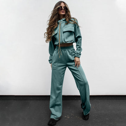 Autumn Winter Solid Color Zipper Double Bag Drawstring Long Sleeve Top Casual Trousers Suit Women - Wanita Store
