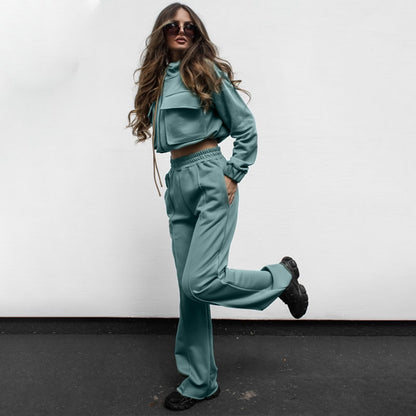 Autumn Winter Solid Color Zipper Double Bag Drawstring Long Sleeve Top Casual Trousers Suit Women - Wanita Store