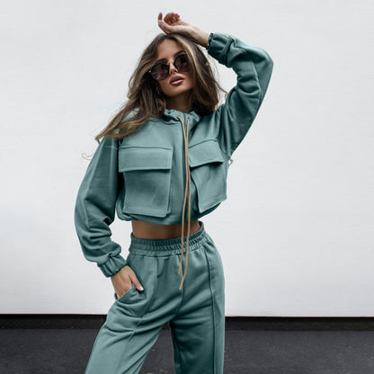 Autumn Winter Solid Color Zipper Double Bag Drawstring Long Sleeve Top Casual Trousers Suit Women - Wanita Store