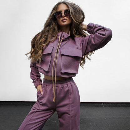 Autumn Winter Solid Color Zipper Double Bag Drawstring Long Sleeve Top Casual Trousers Suit Women - Wanita Store