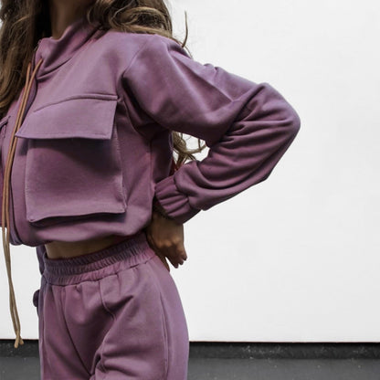 Autumn Winter Solid Color Zipper Double Bag Drawstring Long Sleeve Top Casual Trousers Suit Women - Wanita Store