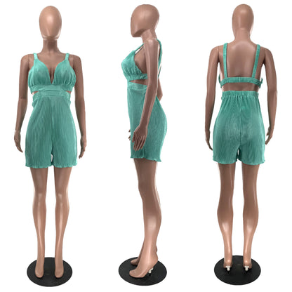 Women Clothing Summer Sexy Sleeveless V neck Folding Suspender Jumpsuit - Wanita Store