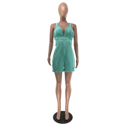 Women Clothing Summer Sexy Sleeveless V neck Folding Suspender Jumpsuit - Wanita Store