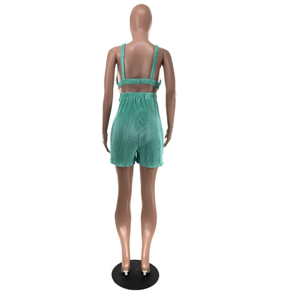 Women Clothing Summer Sexy Sleeveless V neck Folding Suspender Jumpsuit - Wanita Store