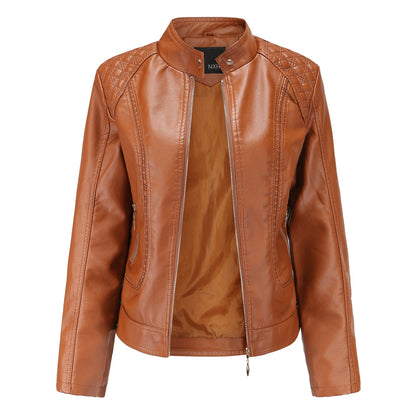 New Spring Autumn Women Leather Jacket Women Graceful Stand Collar Faux Leather Women Leather Jacket Women Leather Coat - Wanita Store