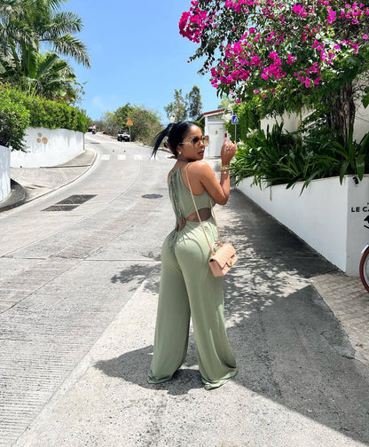 Sexy Irregular Asymmetric Lace up Wrapped Chest Loose Wide Leg Jumpsuit - Wanita Store