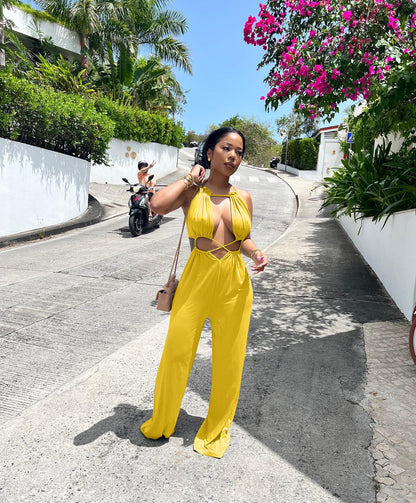 Sexy Irregular Asymmetric Lace up Wrapped Chest Loose Wide Leg Jumpsuit - Wanita Store
