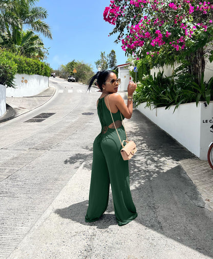 Sexy Irregular Asymmetric Lace up Wrapped Chest Loose Wide Leg Jumpsuit - Wanita Store