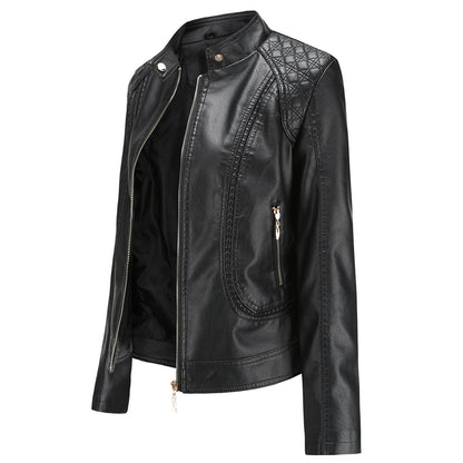 New Spring Autumn Women Leather Jacket Women Graceful Stand Collar Faux Leather Women Leather Jacket Women Leather Coat - Wanita Store