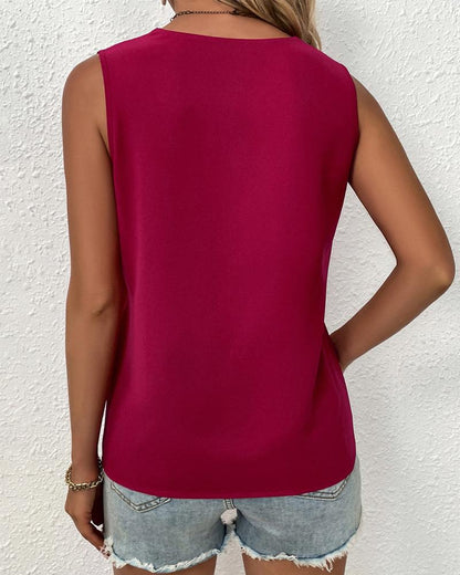 Women Summer V Neck Sleeveless Simple Summer Solid Color Vest - Wanita Store