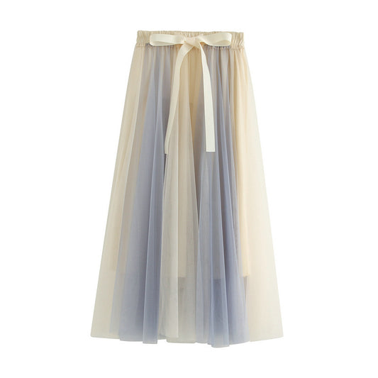 Stitching Gauzy Skirt Autumn Winter Mid-Length A Line Tulle Skirt Long Skirt Fairy Skirt
