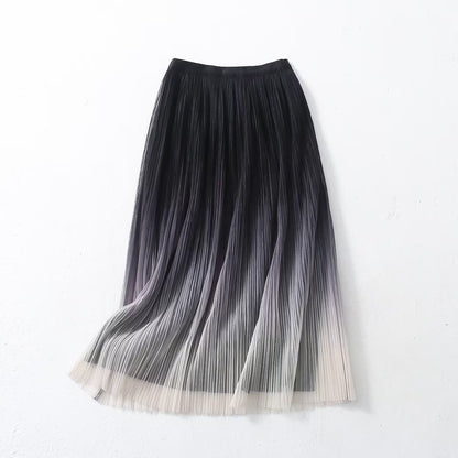 Elegant Graceful Gradient Color Pleated Skirt Spring Summer Light Luxury High Waist A line Skirt - Wanita Store