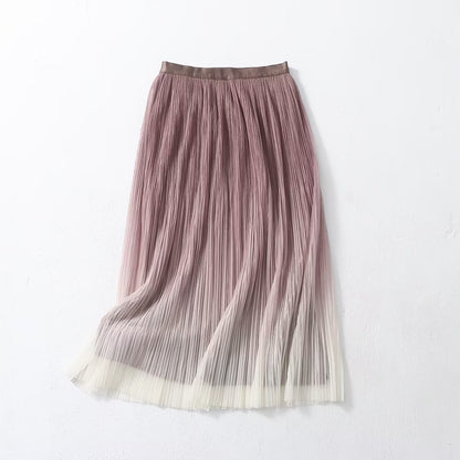Elegant Graceful Gradient Color Pleated Skirt Spring Summer Light Luxury High Waist A line Skirt - Wanita Store